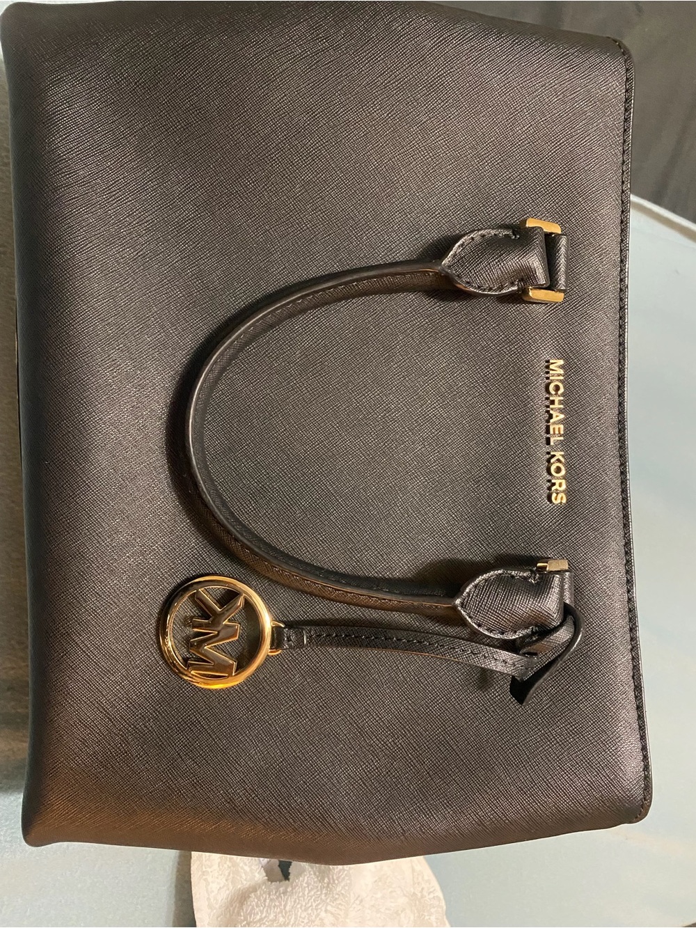 Michael Kors Black Leather Zip-Top Satchel with Gold Hardware